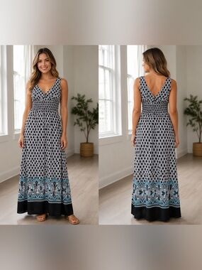 Alki'i Black & White Geometric Maxi Dress with Teal Border